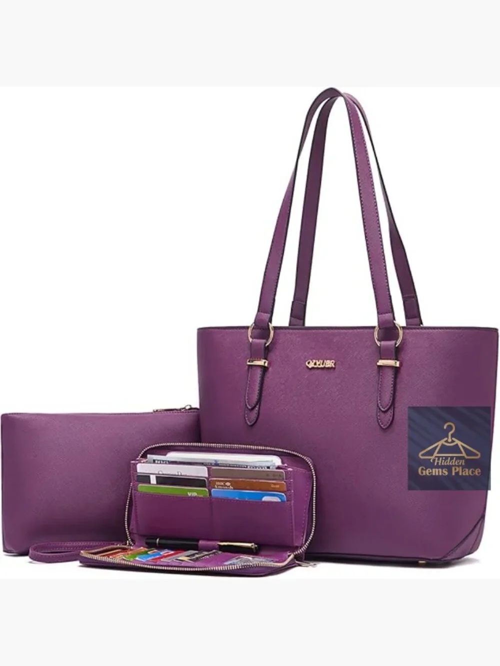 Large Tote Satchel Set with Matching Wallet - 4 Piece Handbag Purse